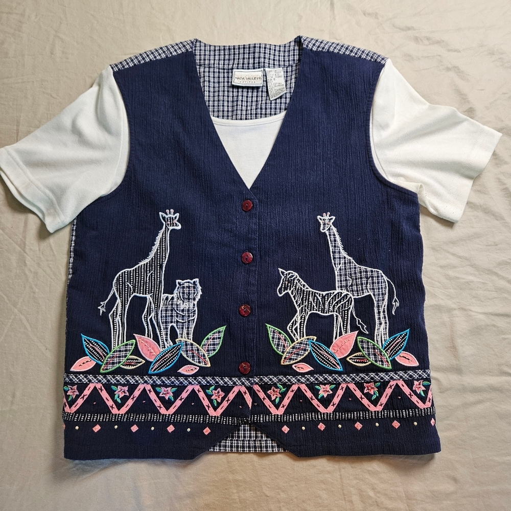 Vintage 90s Napa Valley Safari Animal Vest Navy‎ W/ White Tee Small Cottagecore